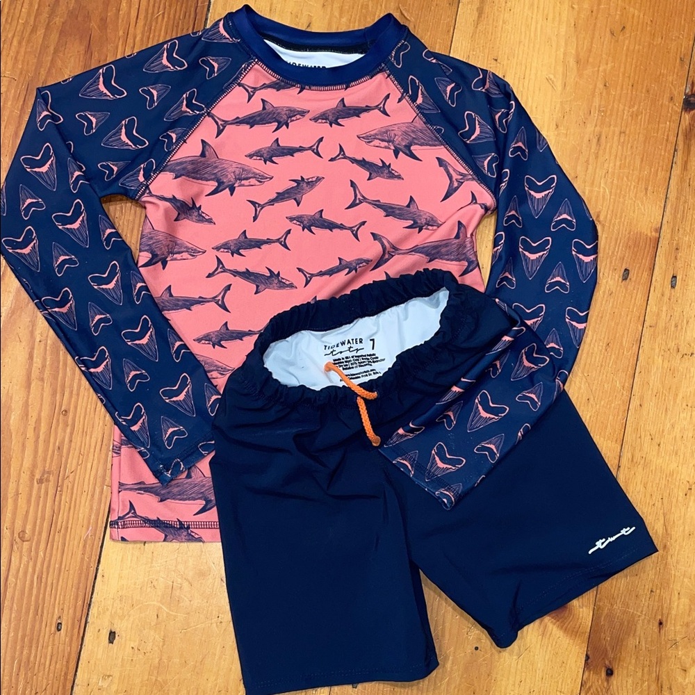 Tidewater Tots Swim Set Blue Shark Print Trunks long sleeve Kids size 7